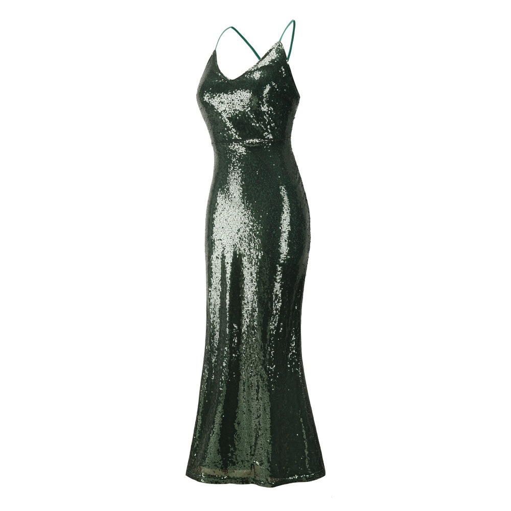 SZ60256-3 Green Sequin Cross Back Fishtail Maxi Dress